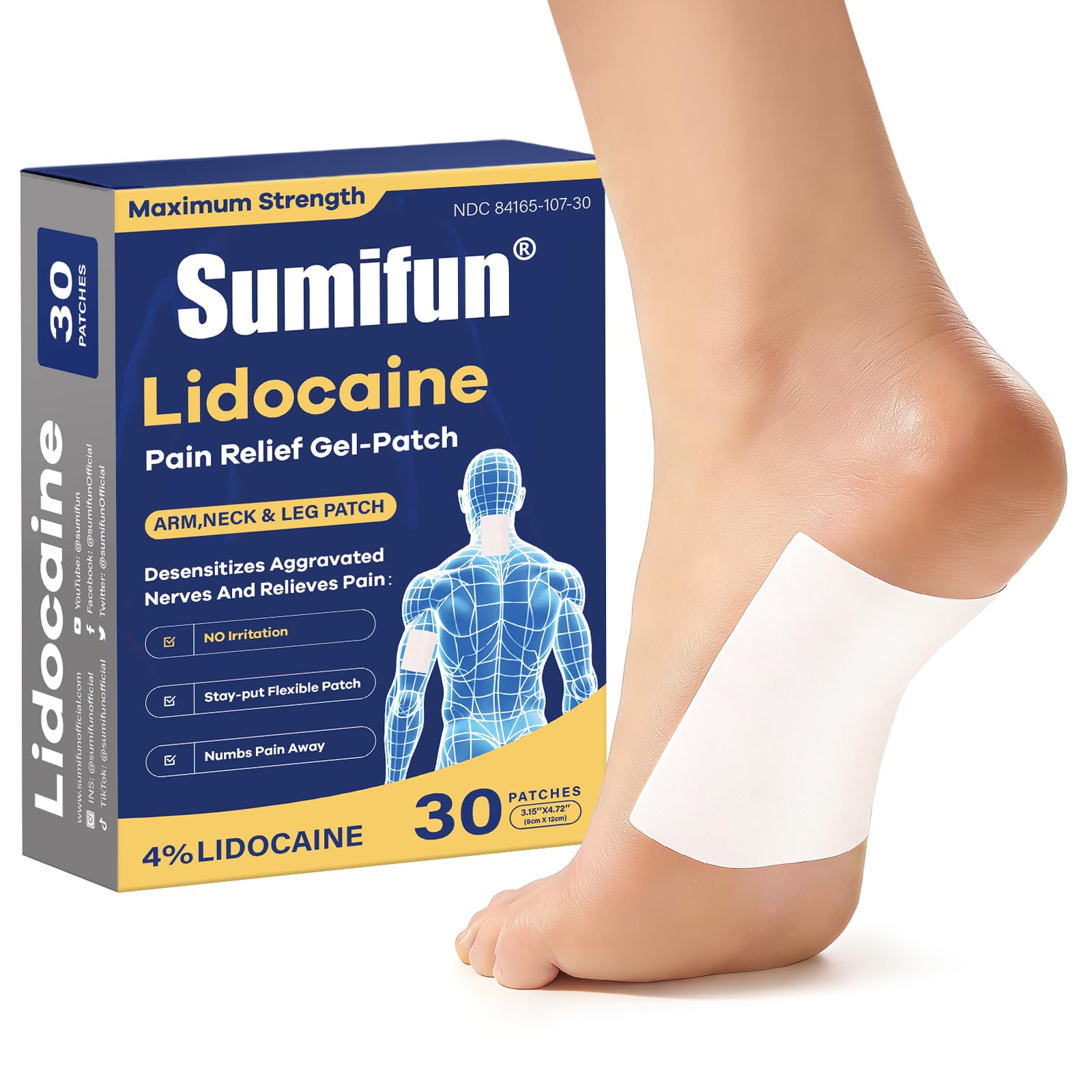 Sumifun lidocaine patch on foot application for targeted, fast-acting relief.