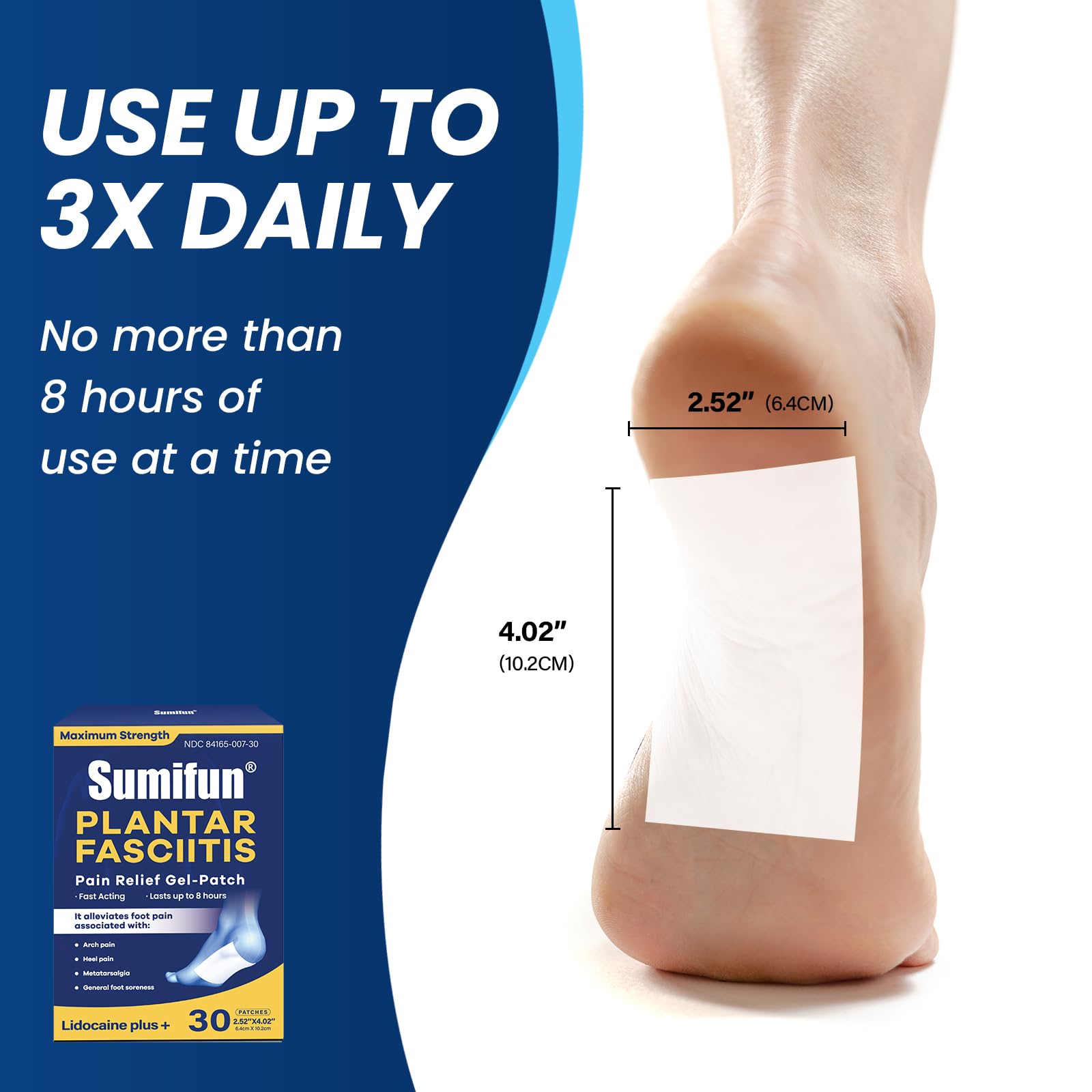 Sumifun lidocaine patch on heel demonstrates plantar fascia relief in action.