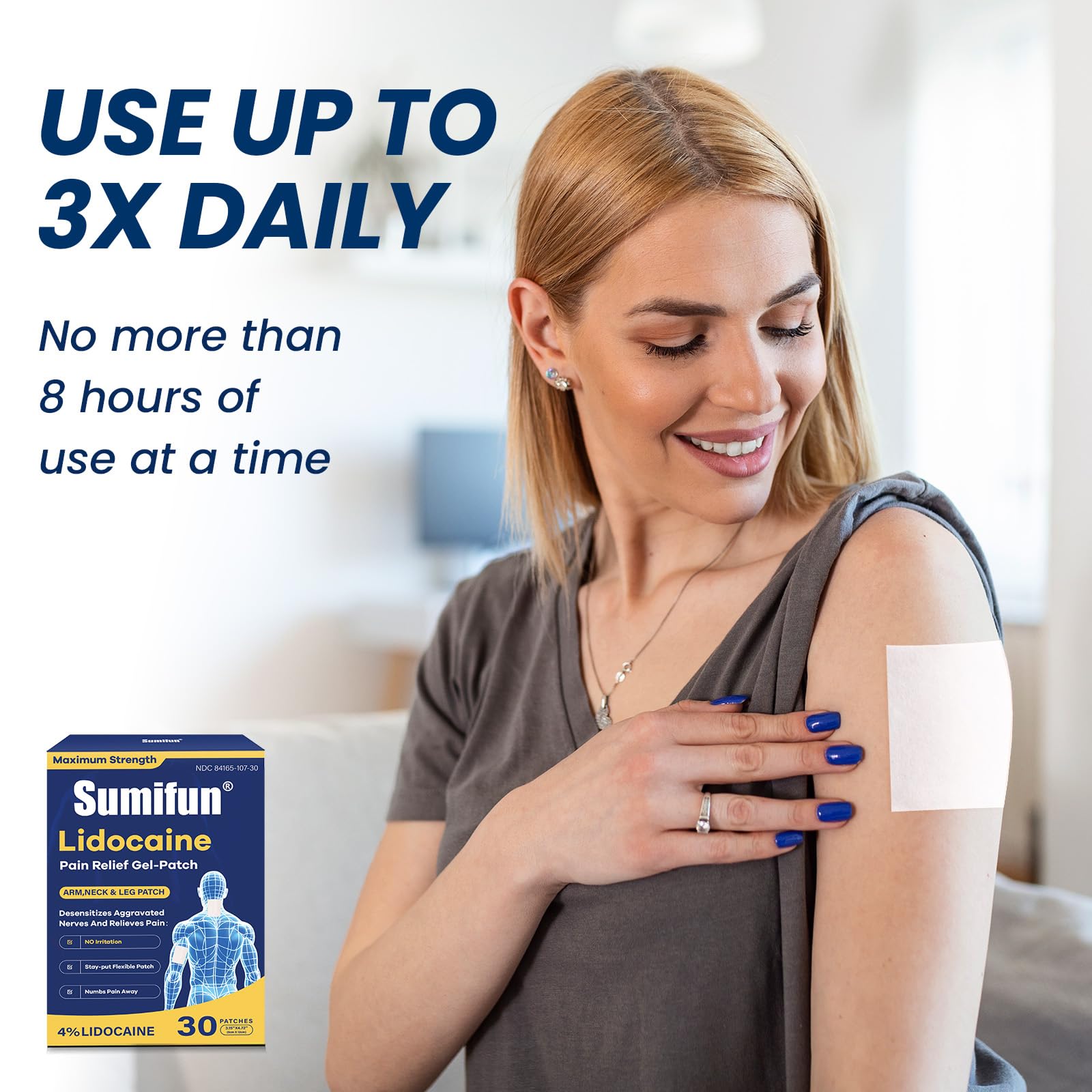 Sumifun lidocaine patch on knee joint remains securely in place during movement.