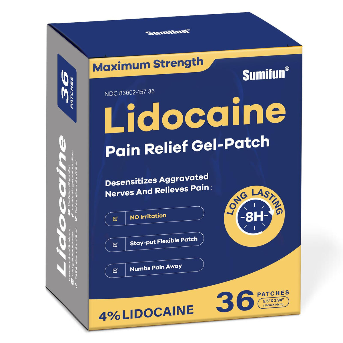 Sumifun lidocaine patch pack front view for targeted pain relief on larger areas