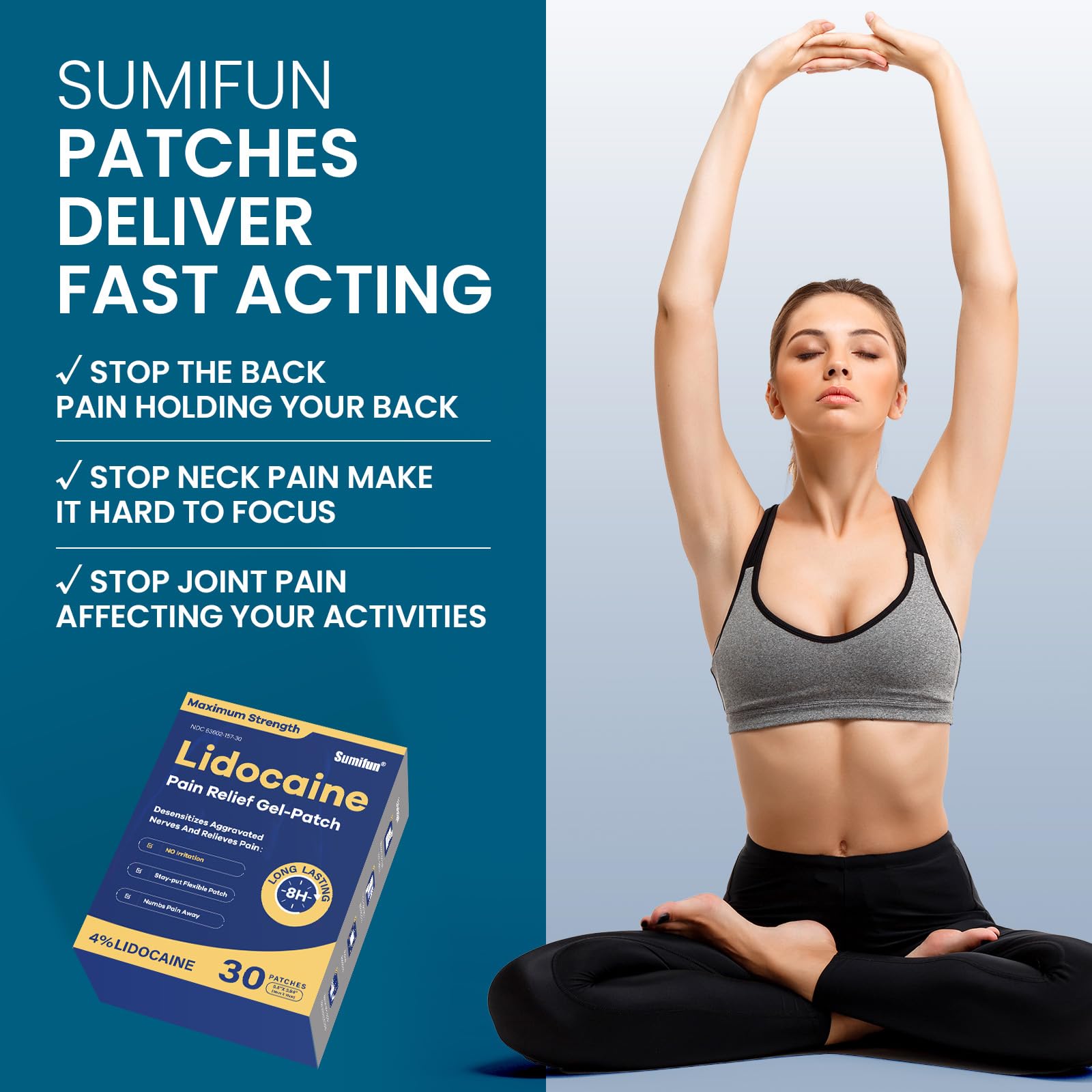 Sumifun lidocaine patches applied to knee area for localized relief.