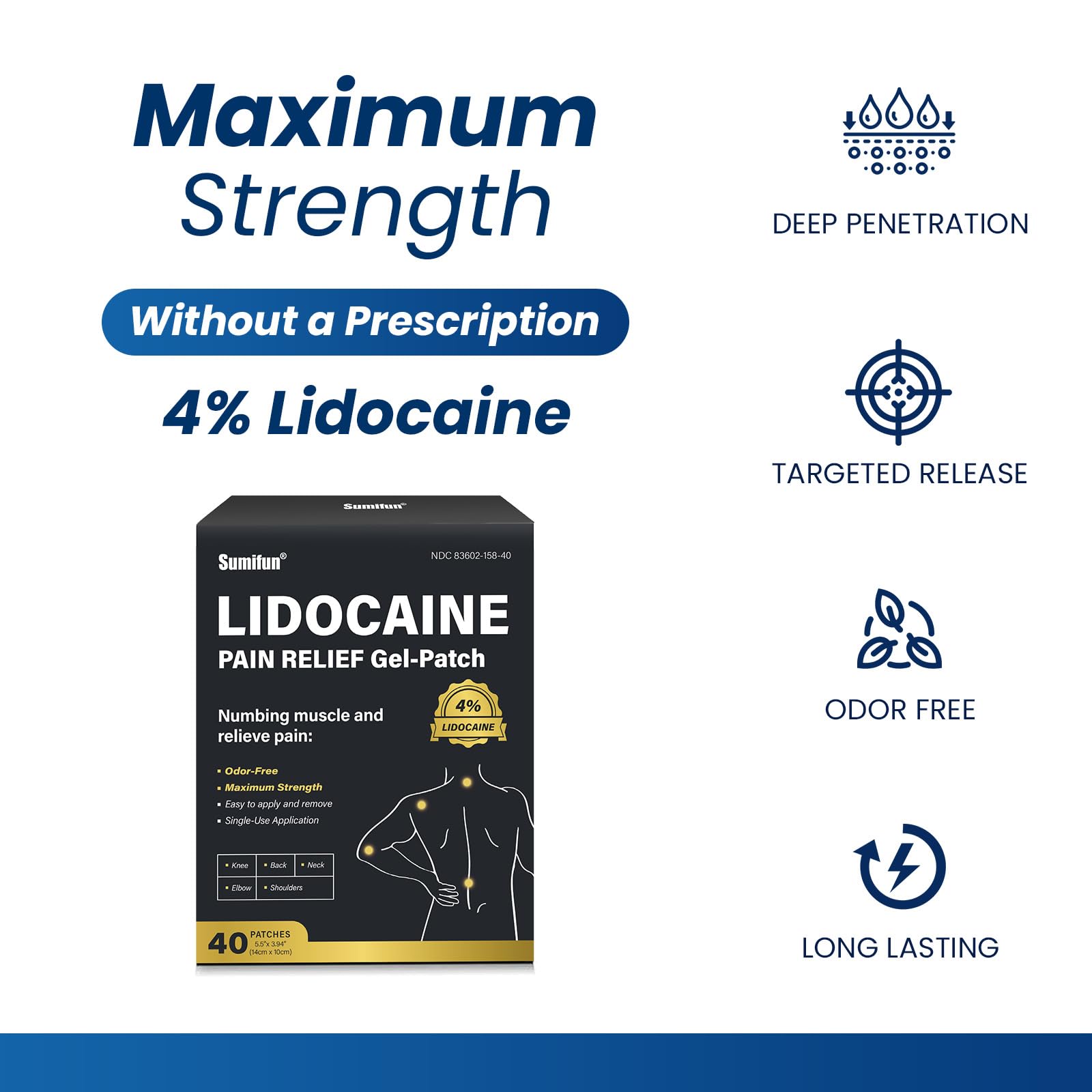 Sumifun lidocaine patches large rectangle on skin for broad coverage.