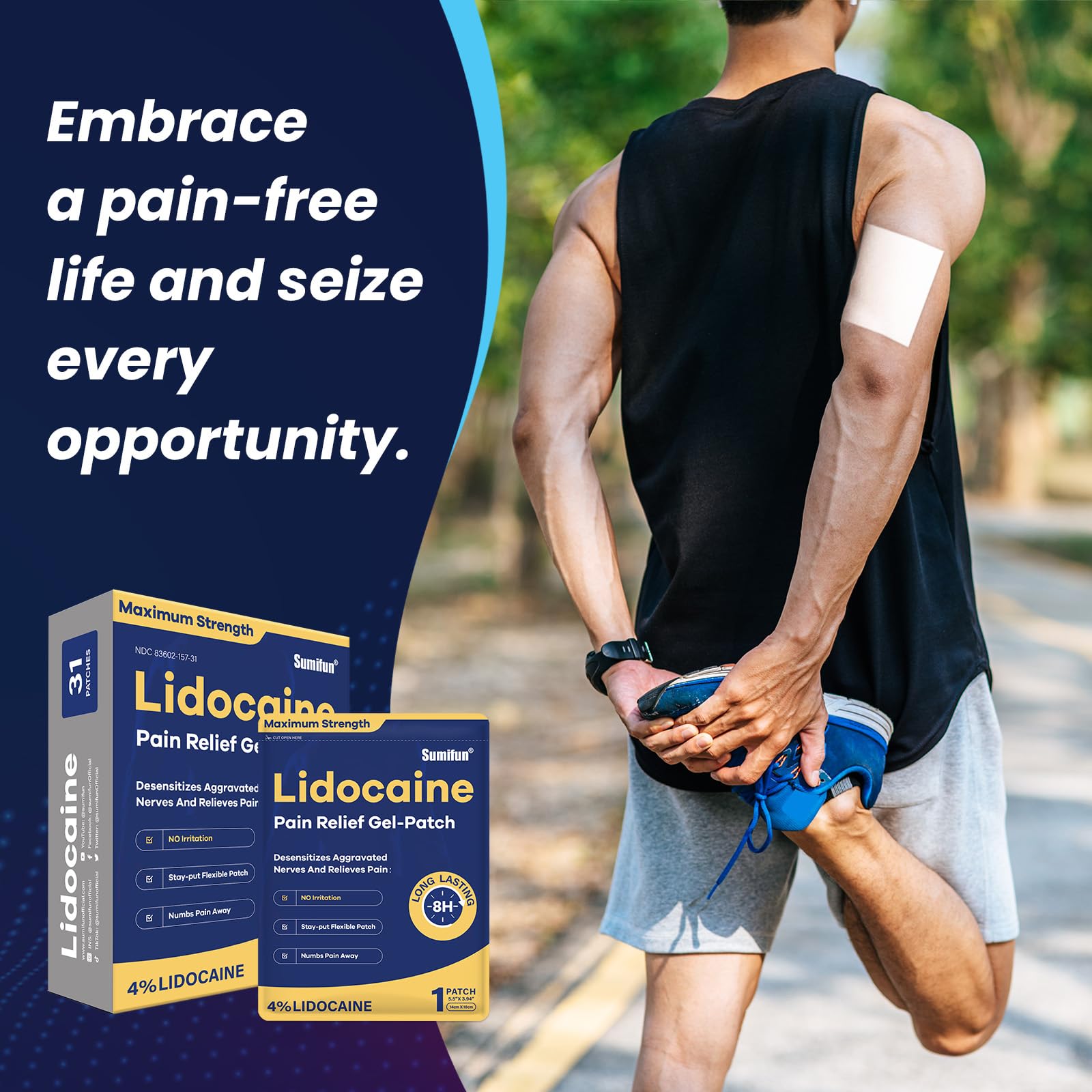 Sumifun odor-free 4% Lidocaine patches for discreet use in public.