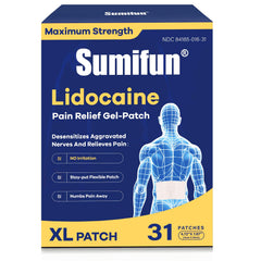 Sumifun XL Lidocaine patch on back provides broad, targeted relief.