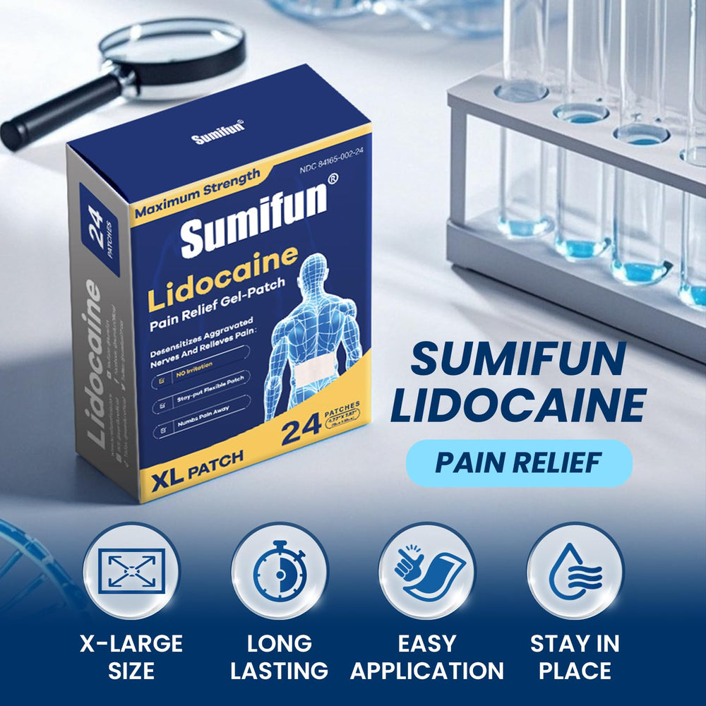 Sumifun XL lidocaine patch on shoulder blades for large-area comfort