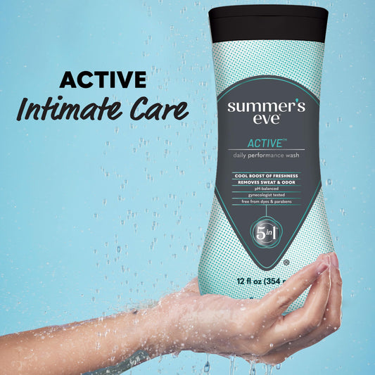 Summer’s Eve Active daily bottle back label shows gynecologist-tested, dye-free formula.