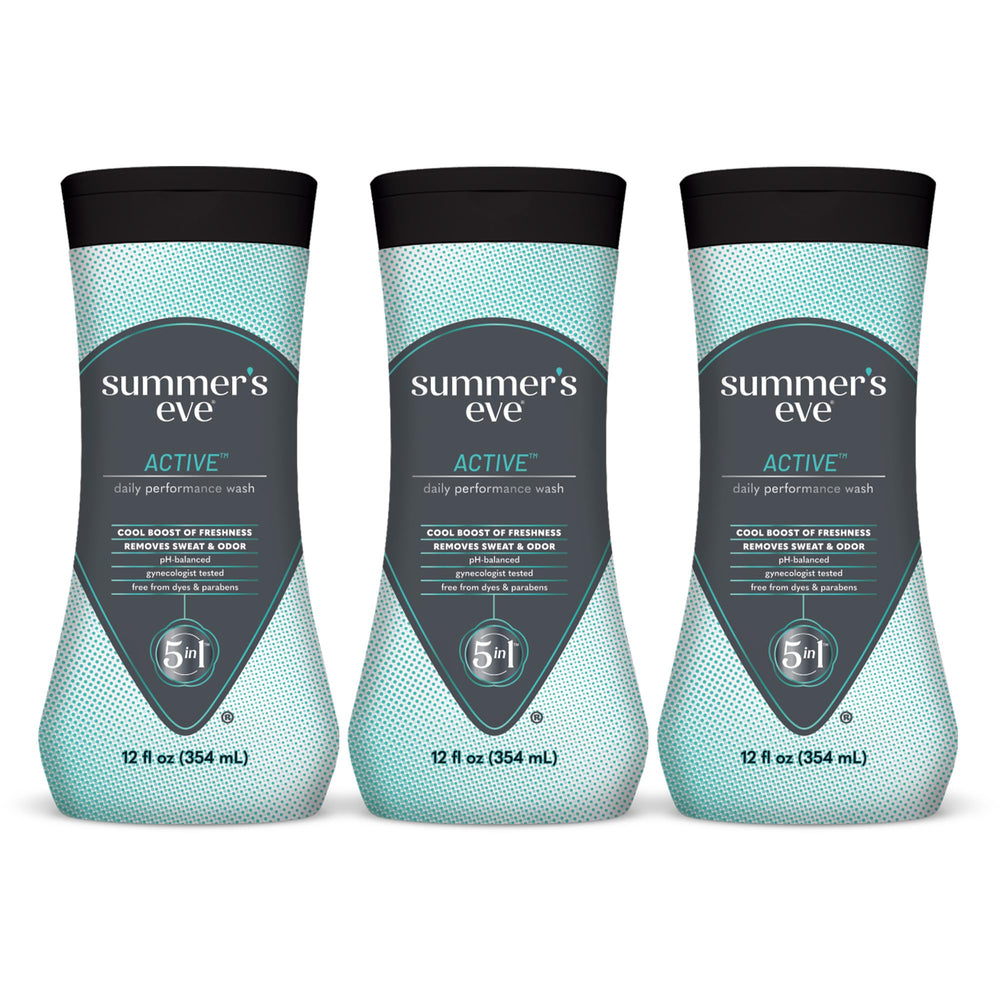 Summer’s Eve Active daily bottle front view highlights fresh, pH-balanced cleansing.