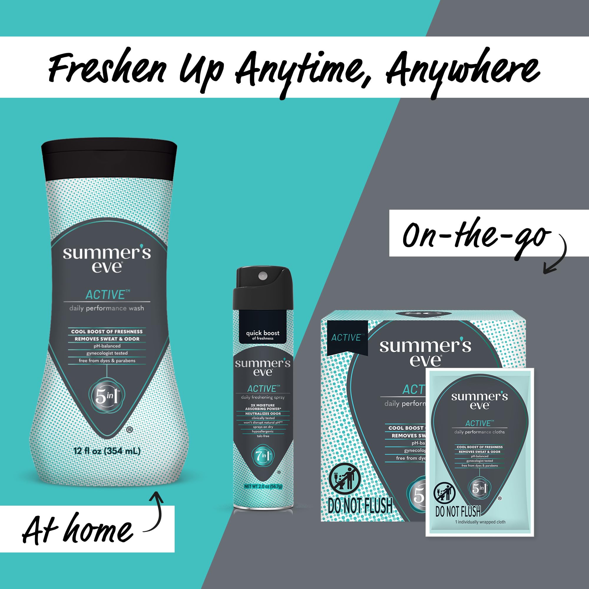 Summer’s Eve Active daily bottle pour view suggests easy shower use.