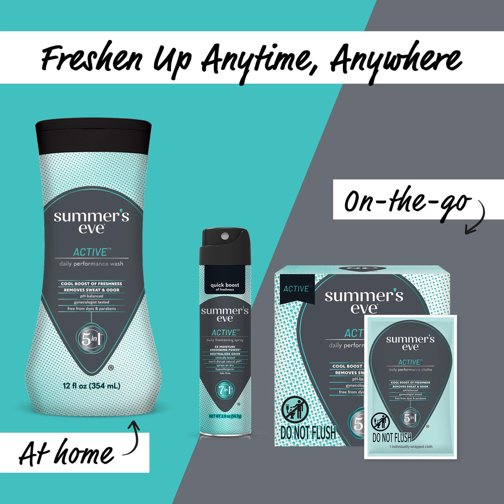 Summer’s Eve Active daily bottle pour view suggests easy shower use.