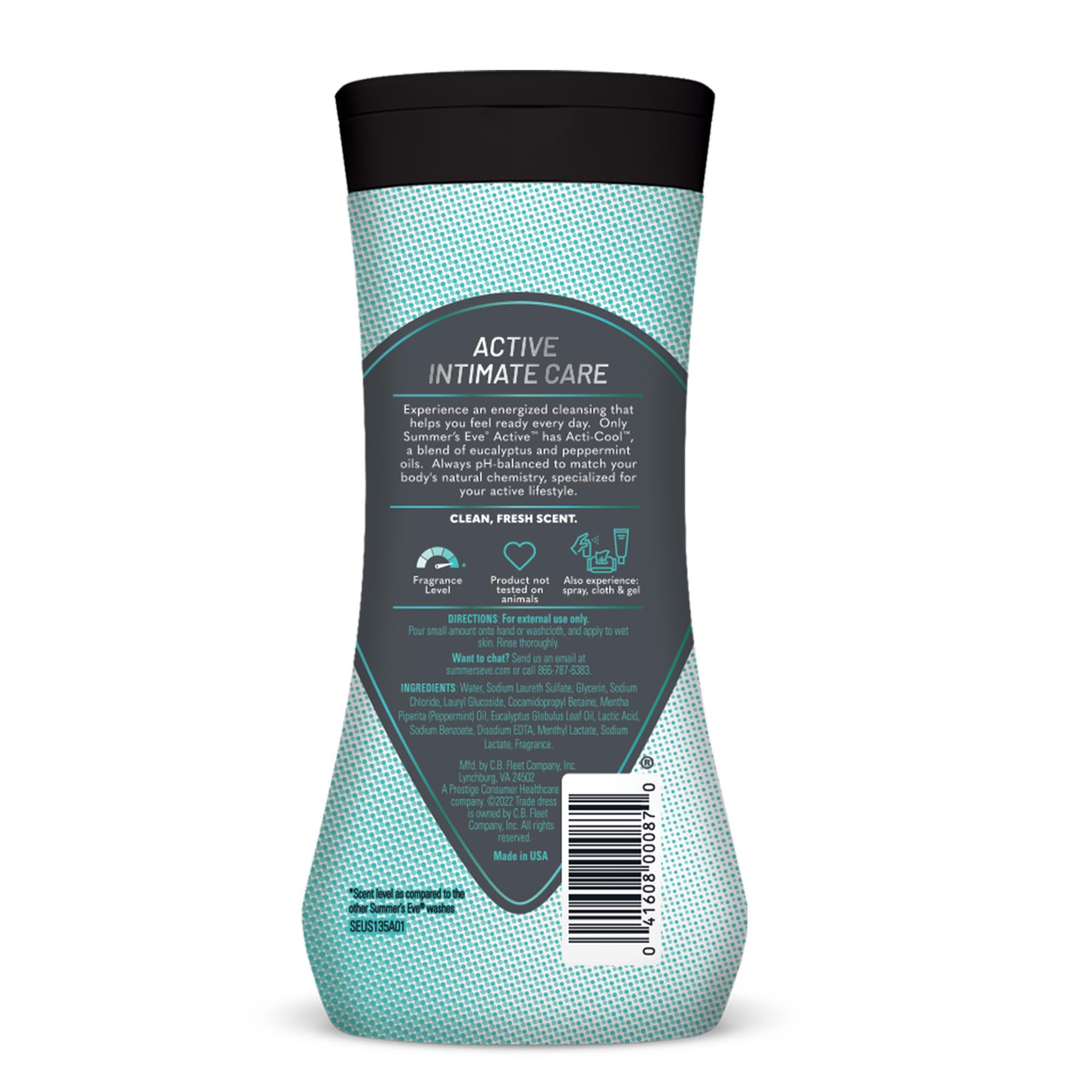 Summer’s Eve Active daily bottle top view conveys compact travel design.