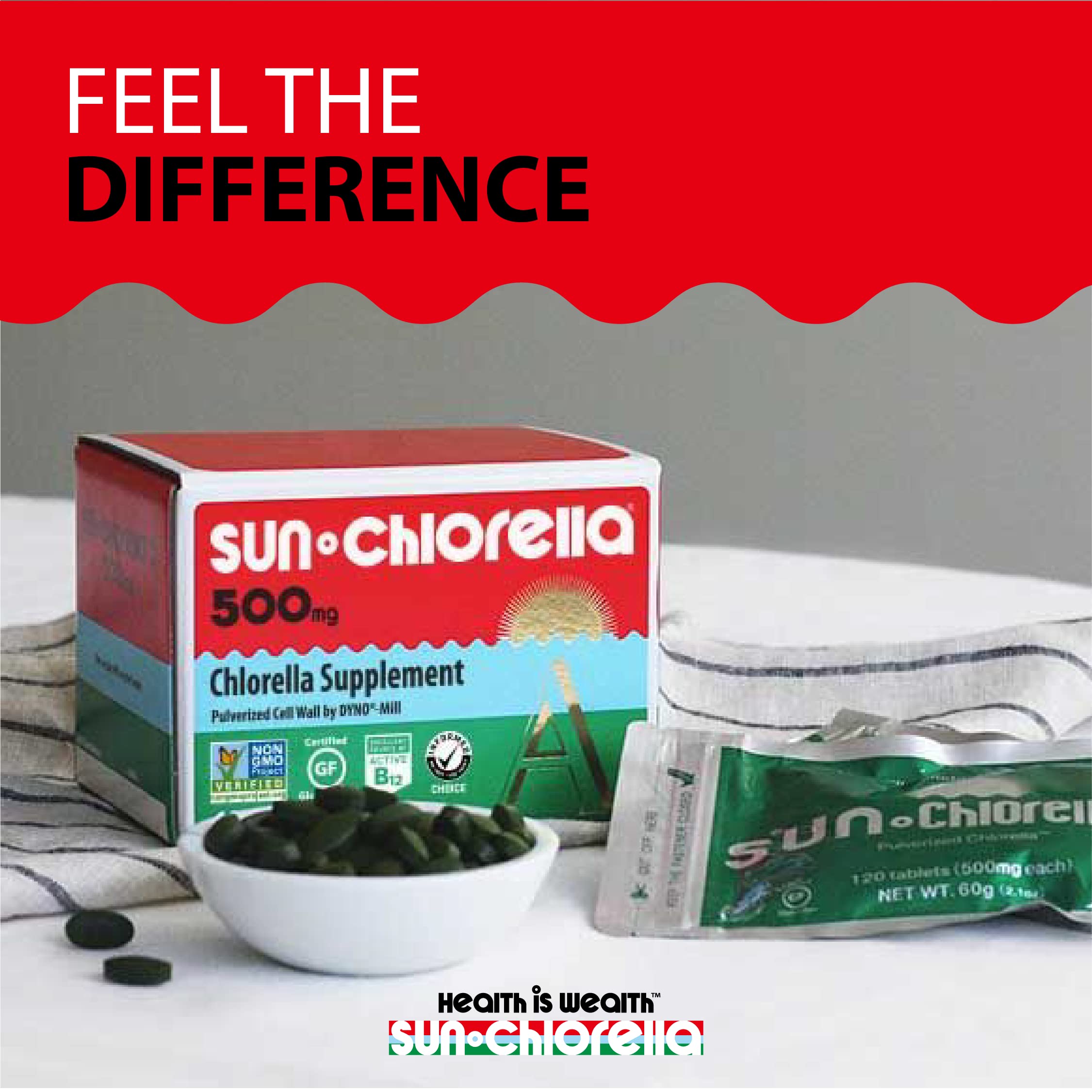Sun Chlorella daily routine scene with a glass of water.