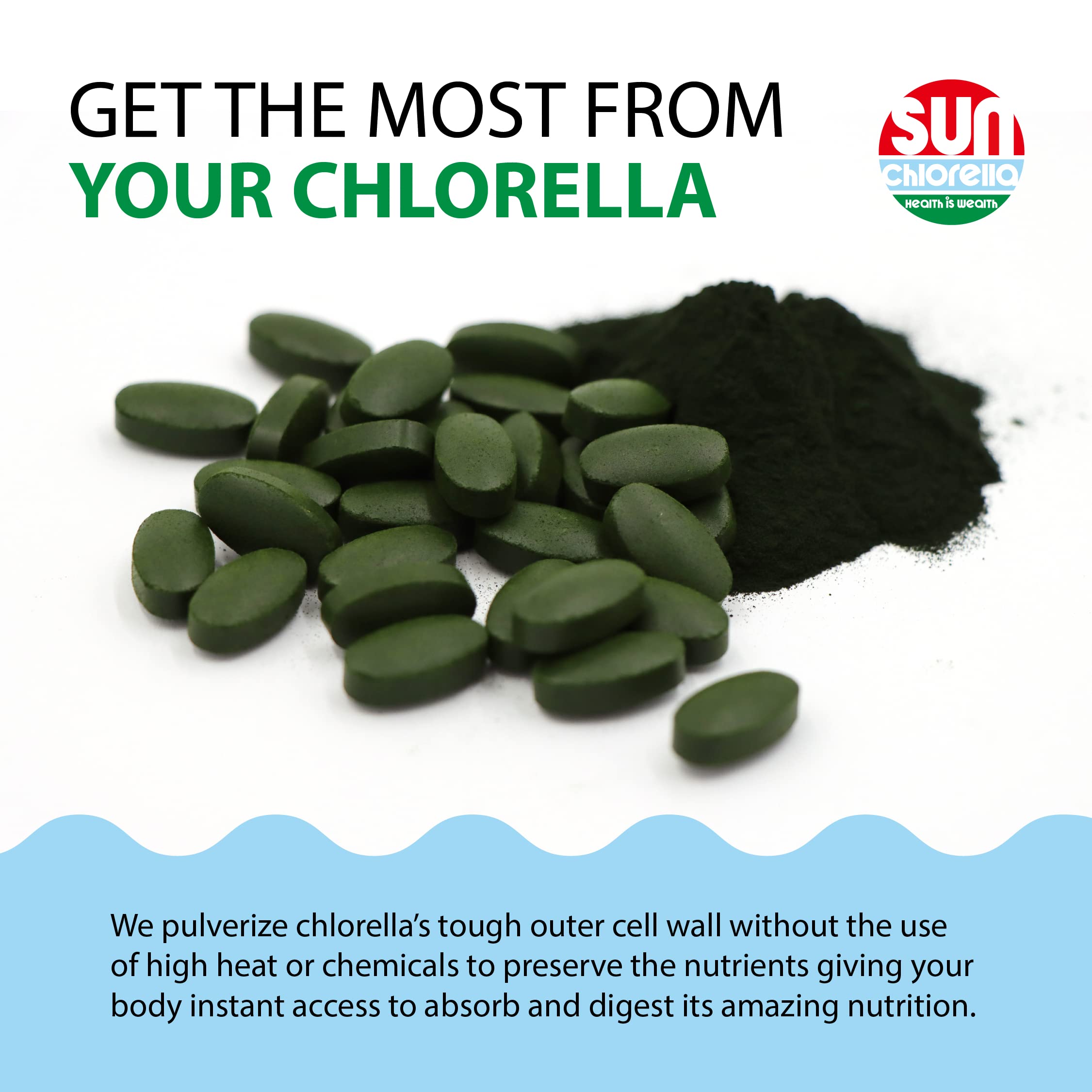 Sun Chlorella tablet dissolving in water for easy absorption.