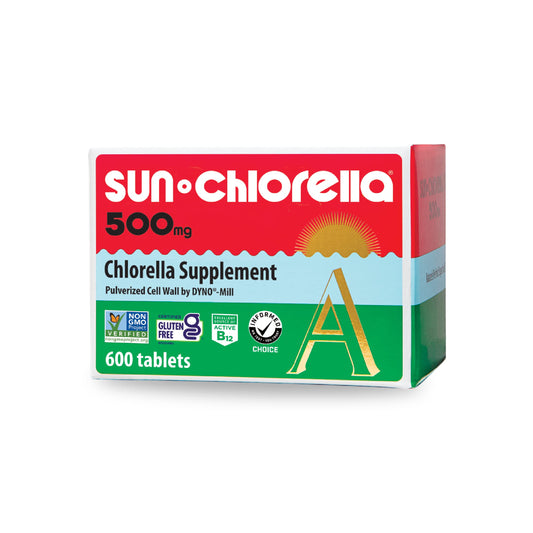 Sun Chlorella 500mg tablets in bottle for daily wellness.