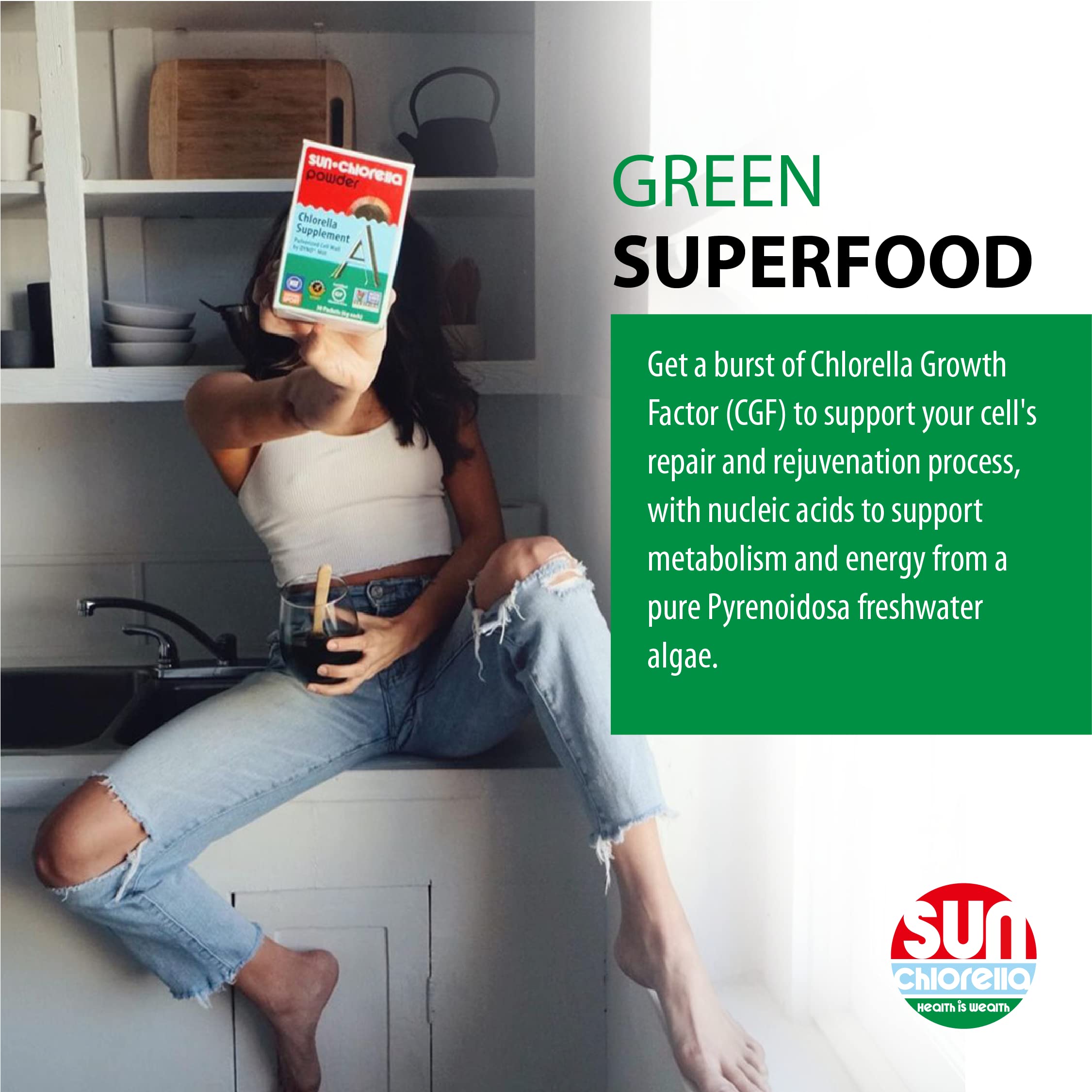 Sun Chlorella CGF enriched tablet suggesting cellular support.