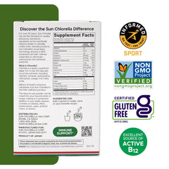 Non-GMO, vegan, gluten-free Sun Chlorella ingredients label.