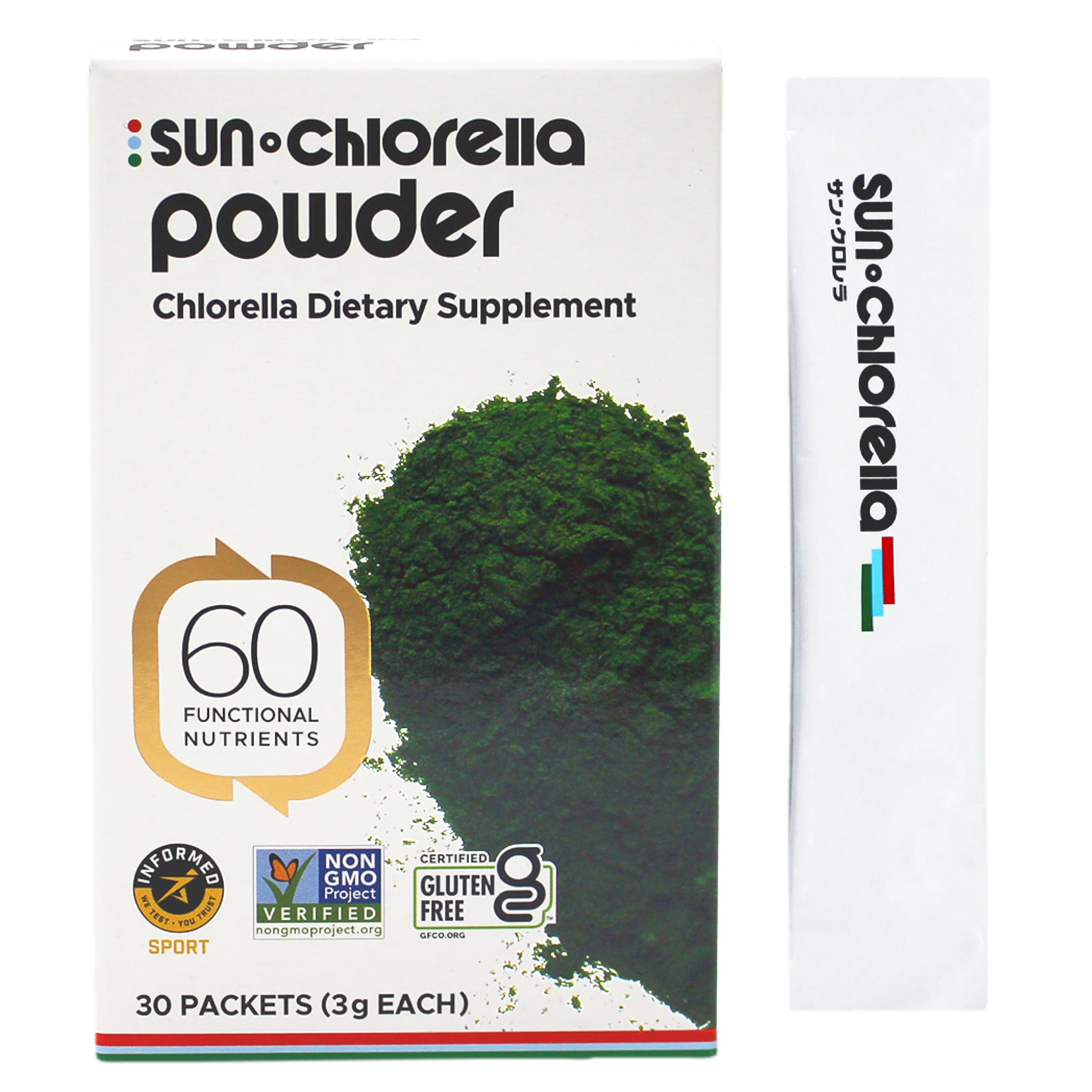 Sun Chlorella packaging showcases greens-on-the-go convenience.