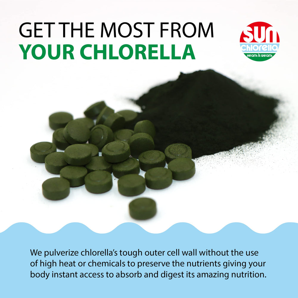 Sun Chlorella plant-based B12 tablet highlighting vegan nutrition.