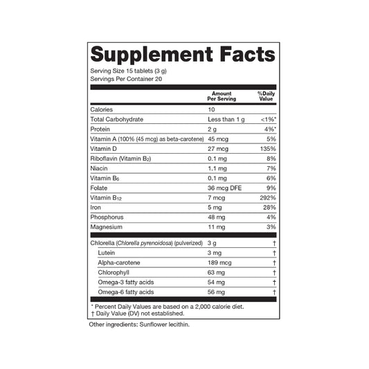 Sun Chlorella pulverized cell-wall tablet for rapid nutrient access.