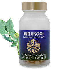 Sun Chlorella Sun Ukogi Eleuthero tablets in bottle, supports daily endurance and calm focus.
