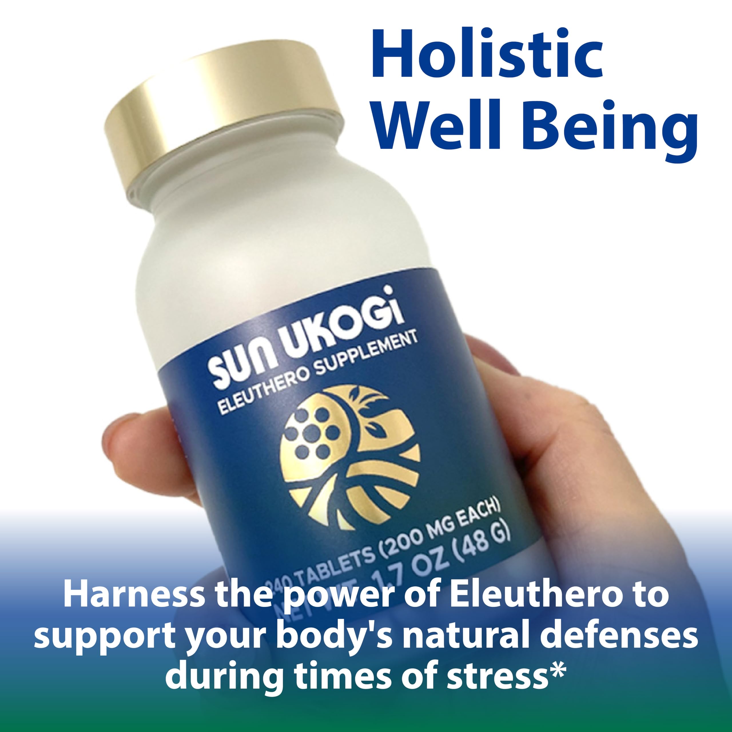 Nutrition panel highlights 200 mg eleuthero per serving.