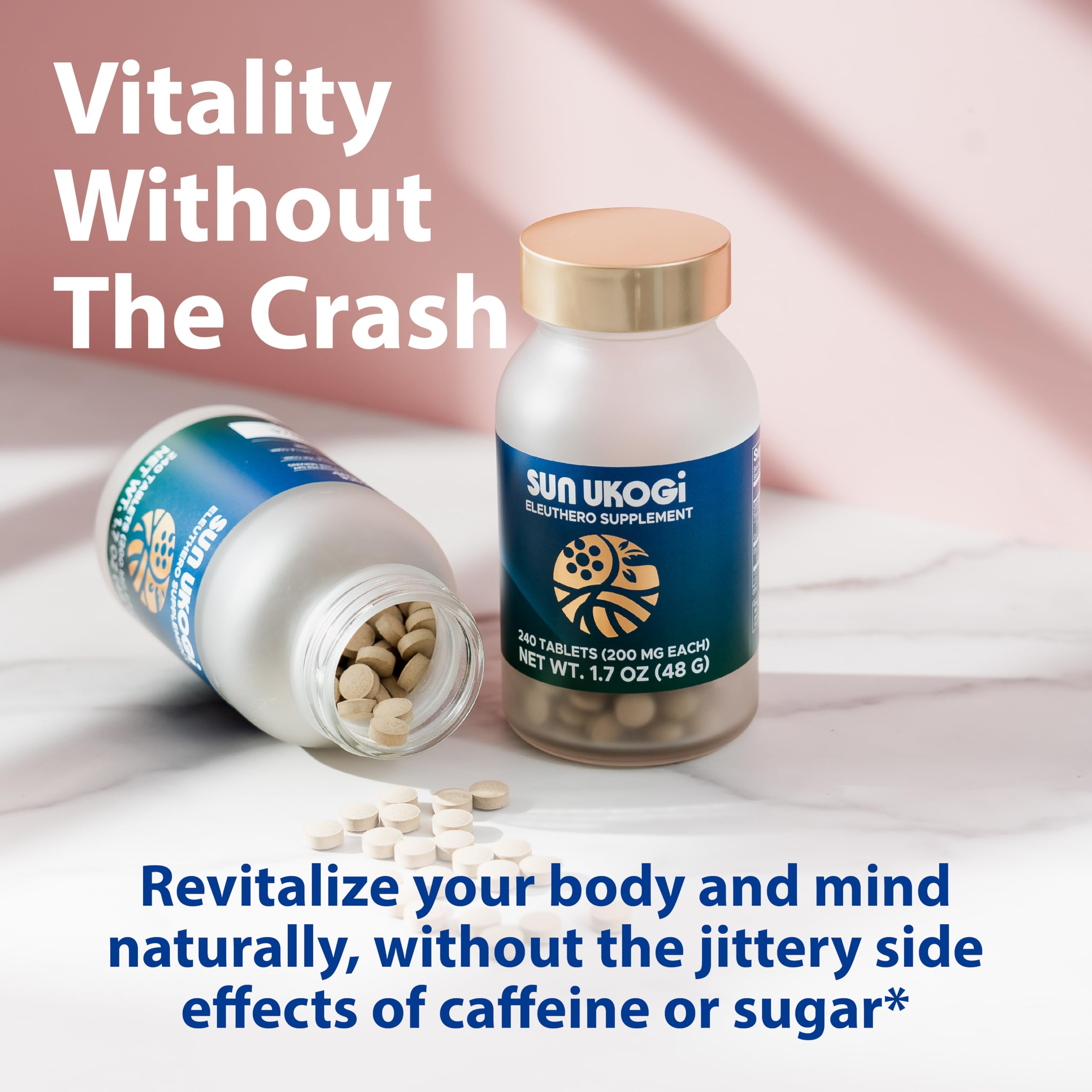 Side view of tablets suggests portable daily adaptogen convenience.