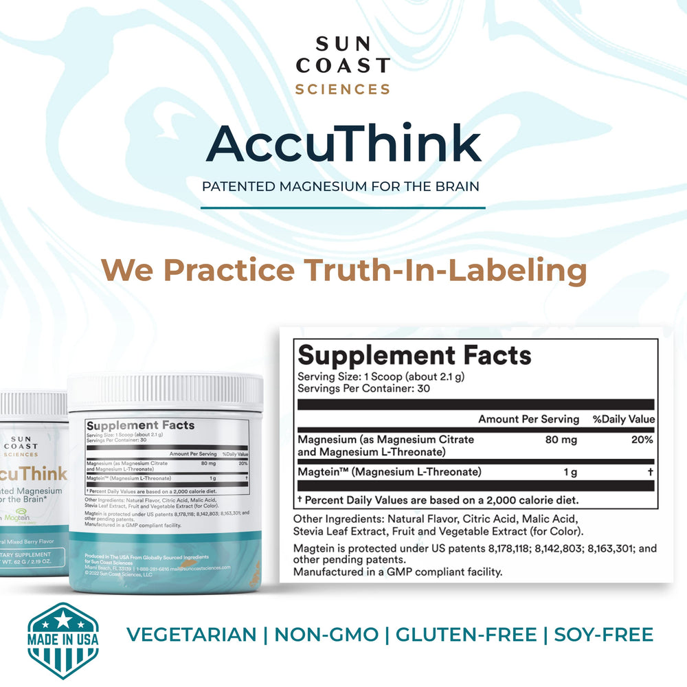 Sun Coast Sciences AccuThink bottle back highlighting ingredients and vitamin C.