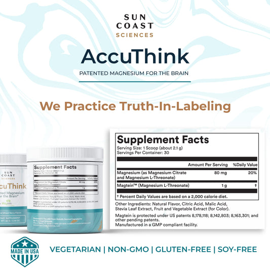 Sun Coast Sciences AccuThink bottle back highlighting ingredients and vitamin C.