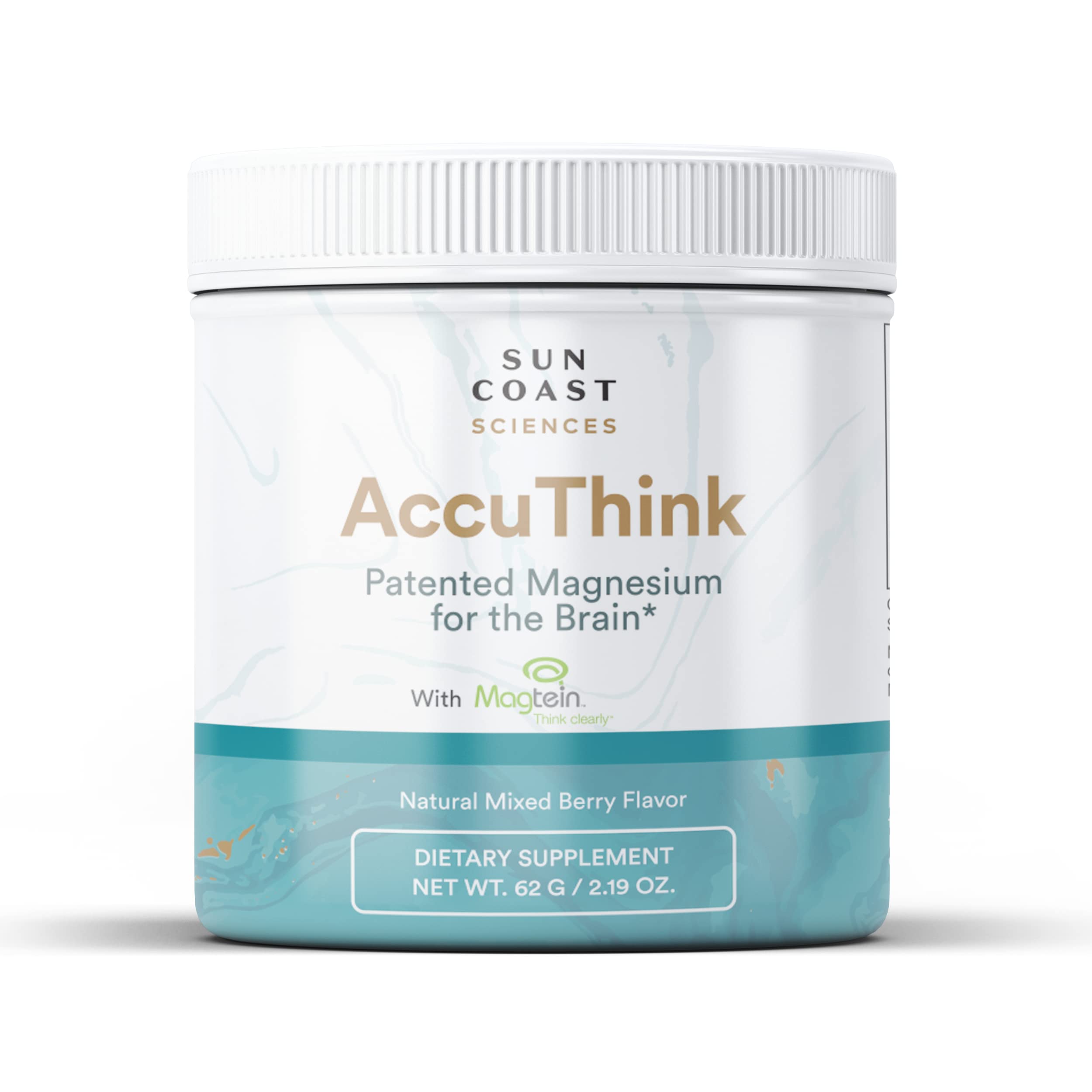 Sun Coast Sciences AccuThink bottle front with magnesium brain support for focus.
