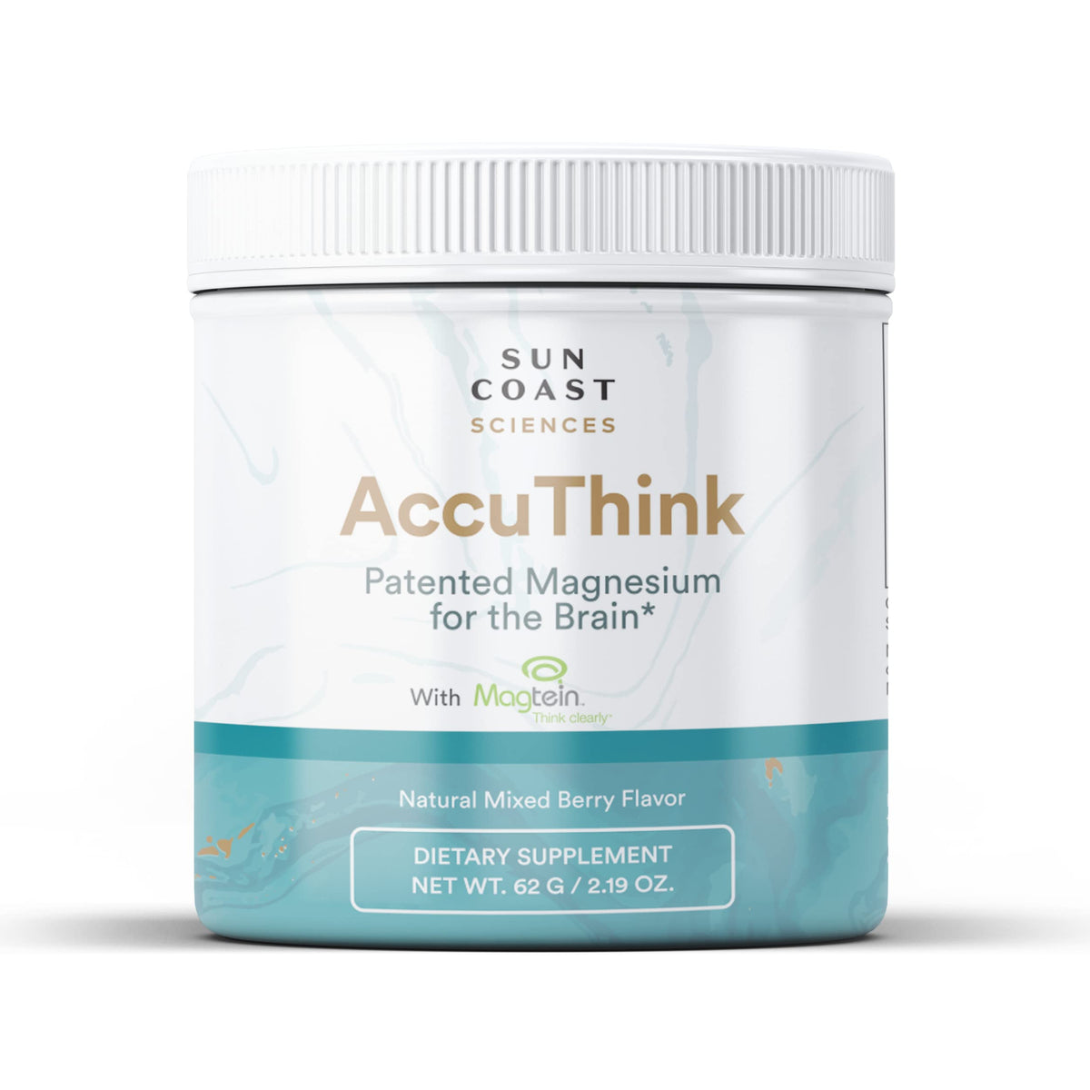 Sun Coast Sciences AccuThink bottle front with magnesium brain support for focus.