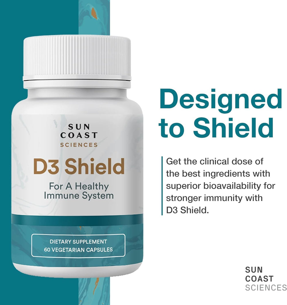 Sun Coast Sciences D3 Shield bottle pouring capsules for daily use.