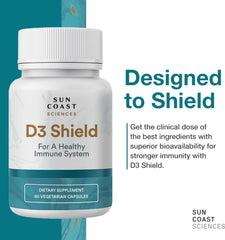 Sun Coast Sciences D3 Shield bottle pouring capsules for daily use.