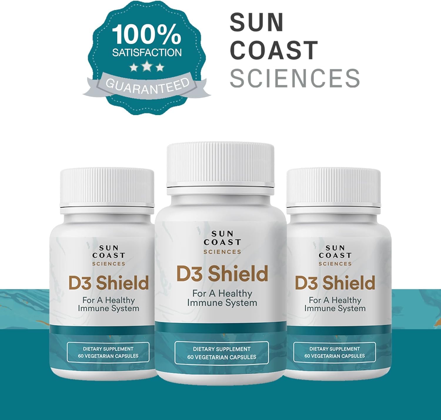 Sun Coast Sciences D3 Shield bottle on a bright kitchen counter.