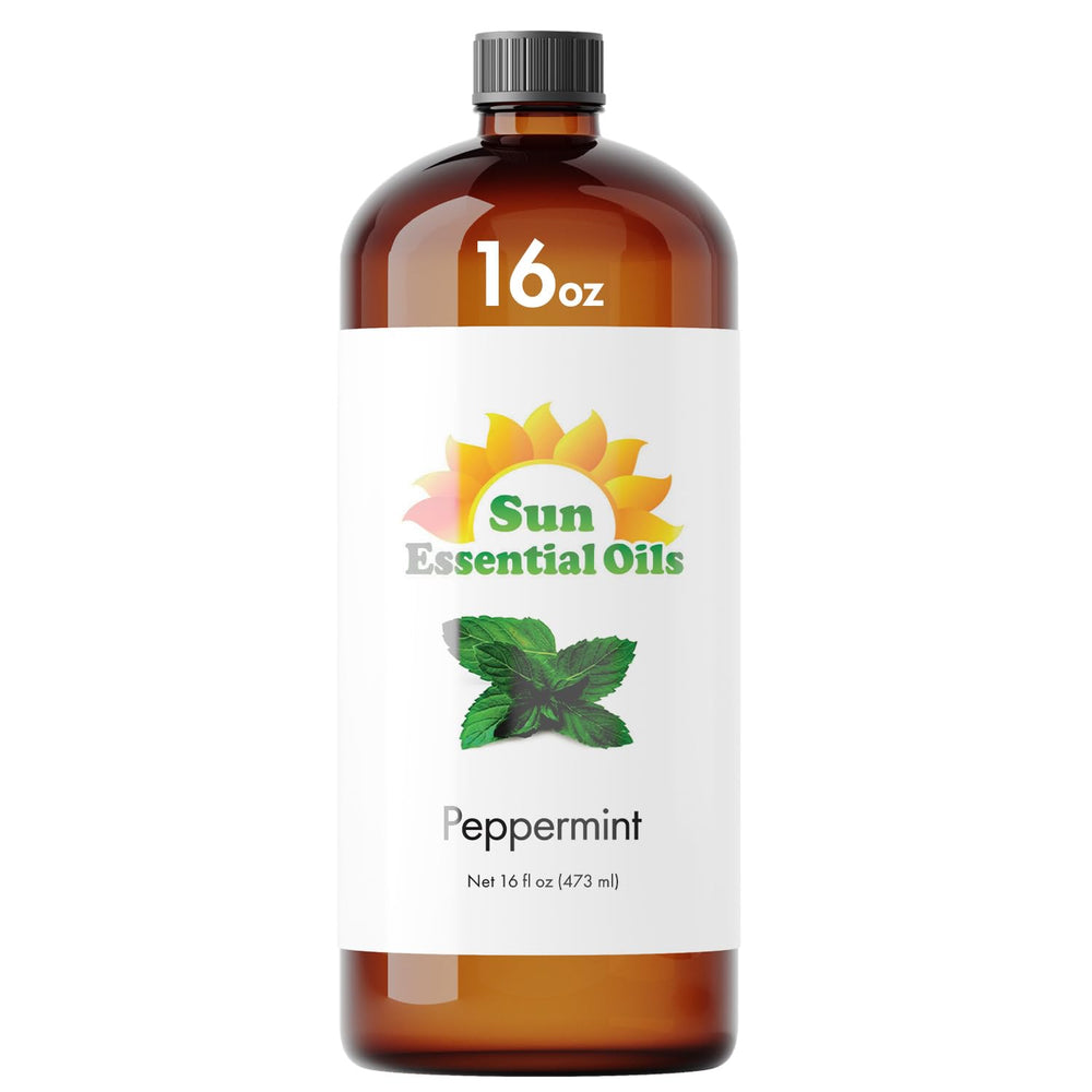 Sun Essential Oils peppermint essential oil bottle for refreshing aromatherapy sessions.