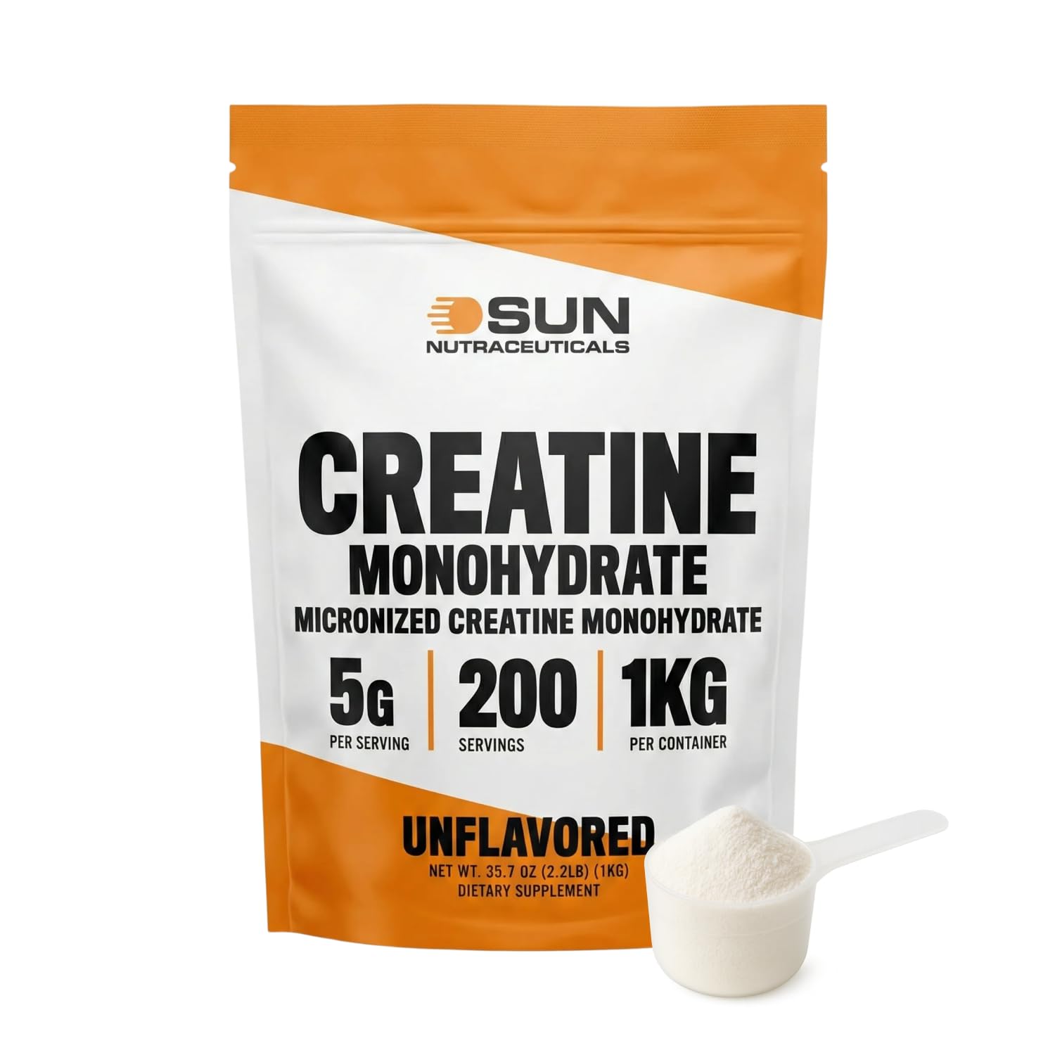 Sun Nutraceuticals micronized creatine bottle label shows purity and USA-made quality