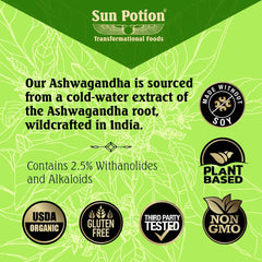 Sun Potion Ashwagandha jar packaging on shelf showcases premium, wildcrafted origin