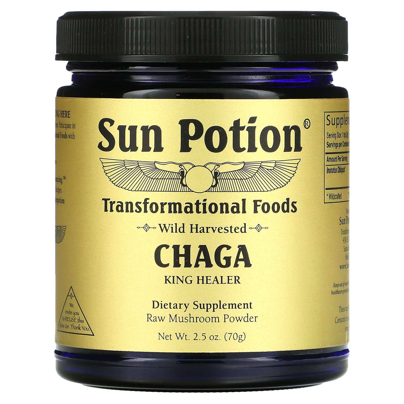 Sun Potion Chaga Powder jar shows earthy powder, ideal for cozy beverages.