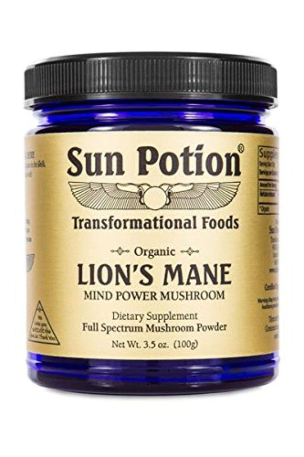 Sun Potion Lions Mane organic packaging highlights premium adaptogen blend for focus.