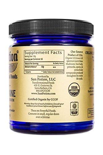 Sun Potion Mind Power Mushroom jar label emphasizes organic Lion's Mane benefits.