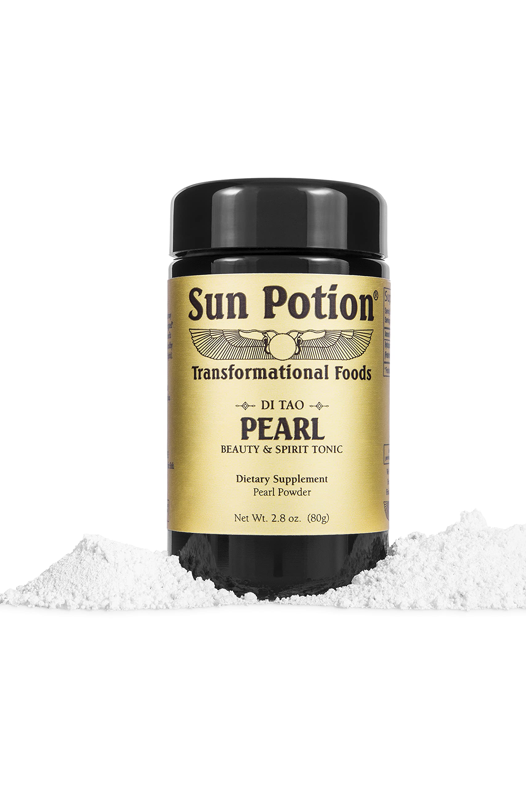 Sun Potion Pearl Powder bottle closeup showcases sustainable, finely ground pearls for beauty rituals.