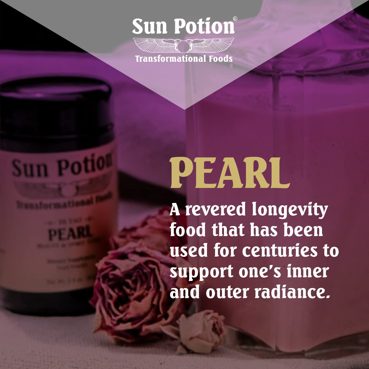 Sun Potion Pearl Powder label closeup reflects brand heritage and sustainable sourcing.