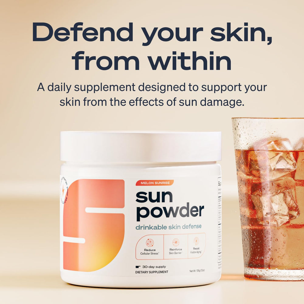 Sun Powder dissolving in glass, offering a refreshing add-on to your routine.
