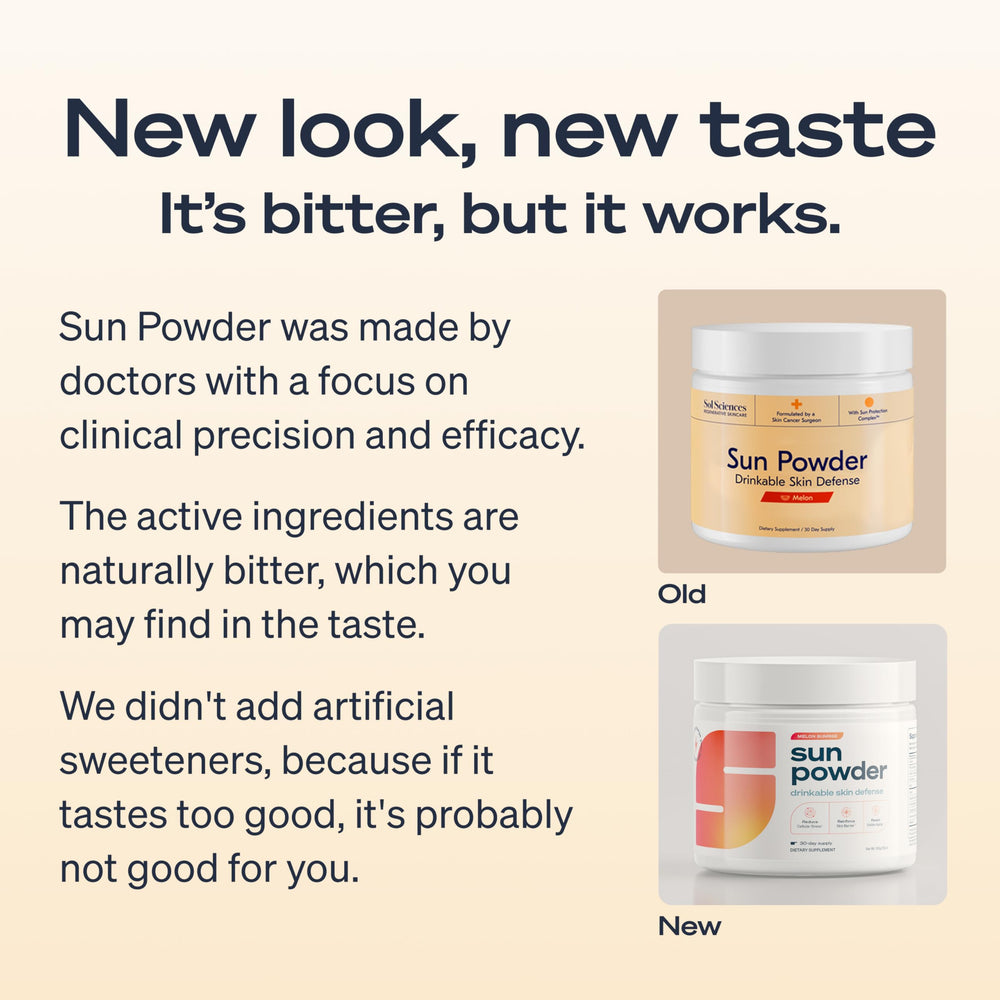 Sun Powder measuring scoop beside product for easy daily dosing and regimen.