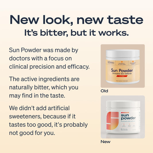 Sun Powder measuring scoop beside product for easy daily dosing and regimen.