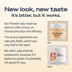 Sun Powder measuring scoop beside product for easy daily dosing and regimen.