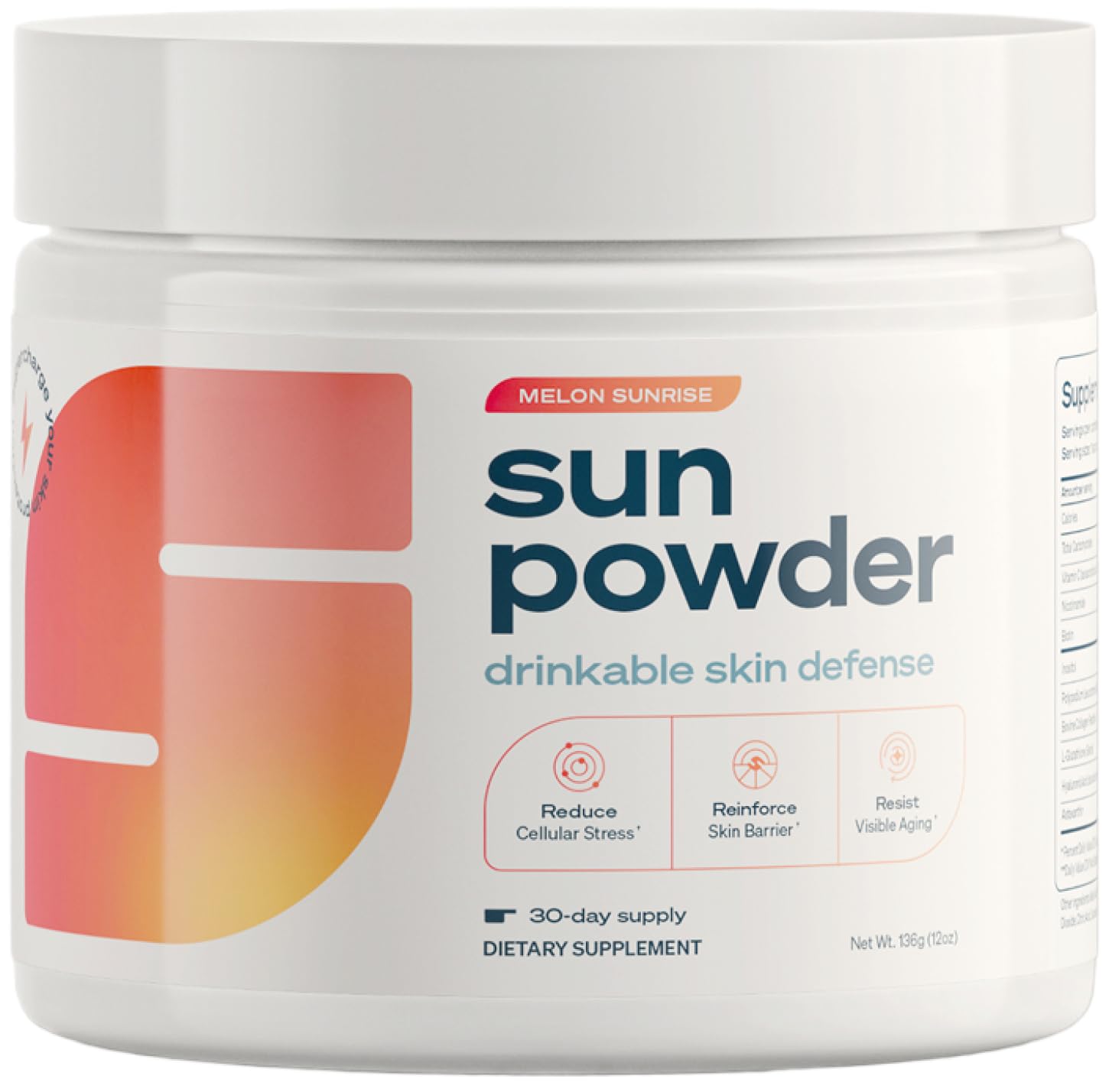 Sun Powder Melon flavor tub showing convenient daily drinkable skincare for supporting skin vitality.