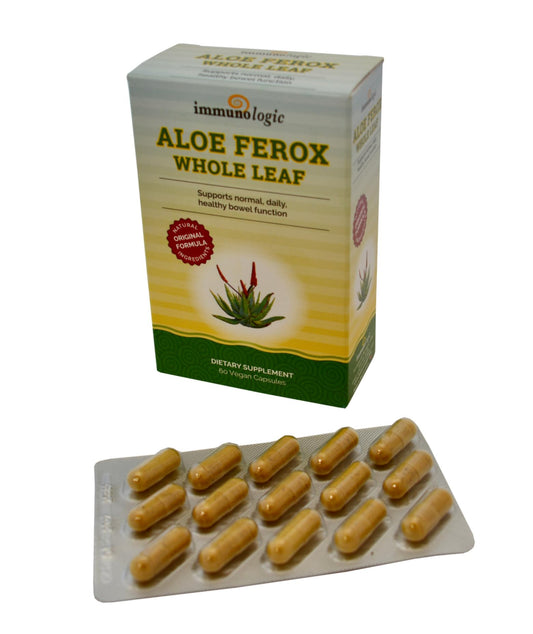 Sun Star Organics Aloe Ferox Whole Leaf capsules in bottle, supporting daily bowel function.