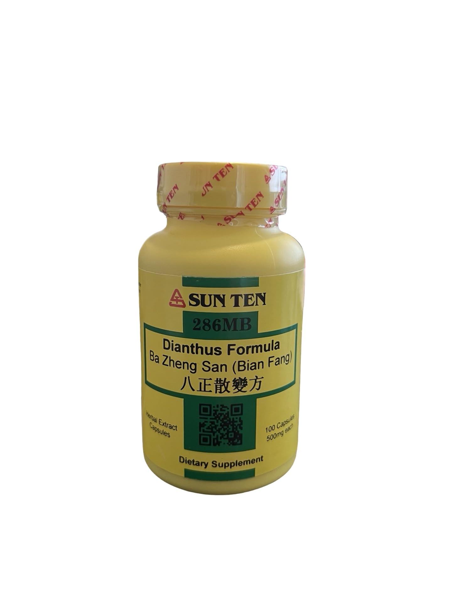 Sun Ten Dianthus Formula Capsules label close-up showing herbal blend for urinary comfort.