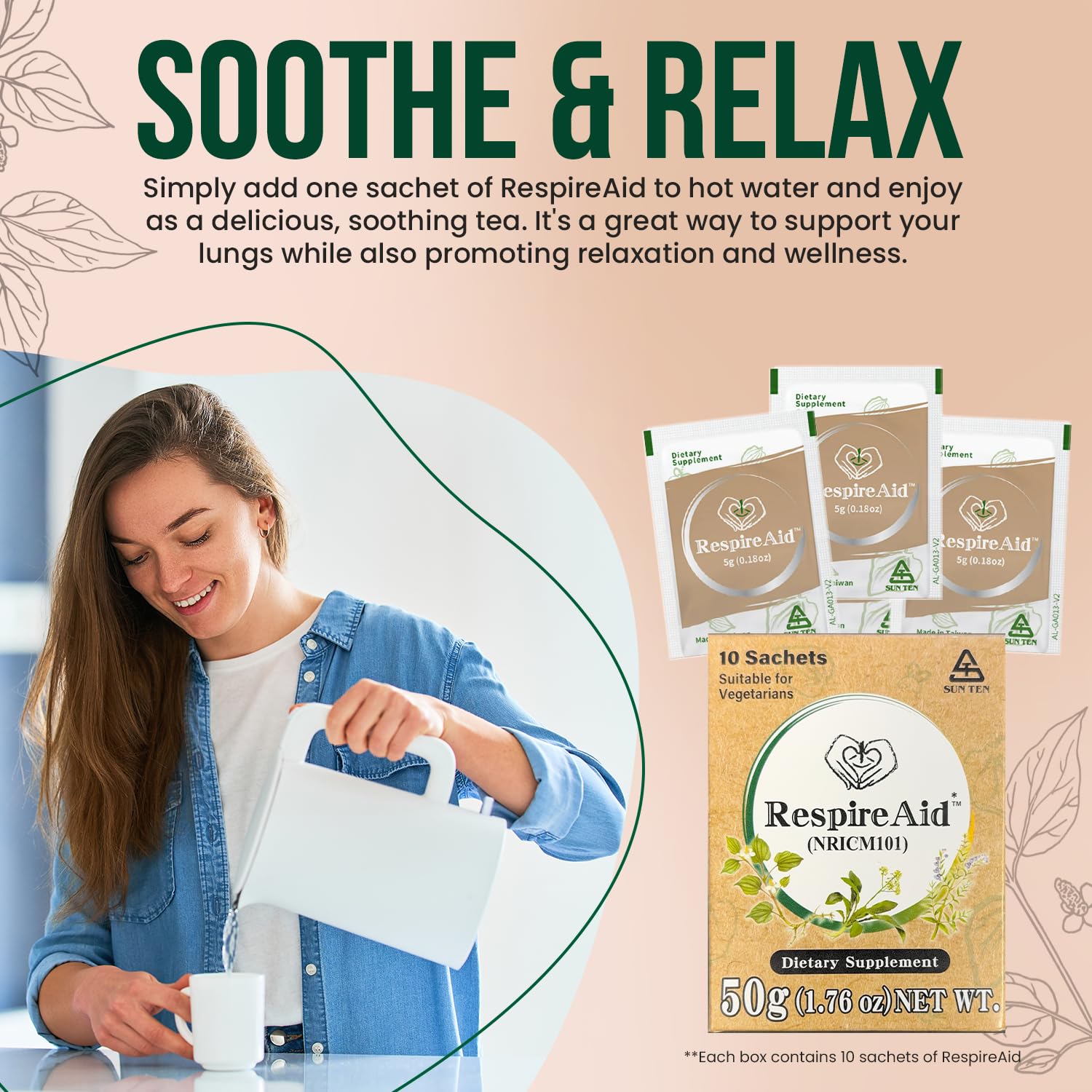 Sun Ten RespireAid box packaging highlights convenient 10 sachets.