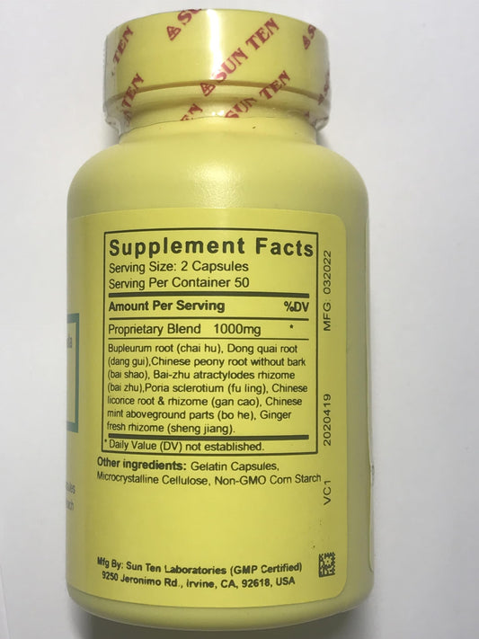 Close-up of Sun Ten Tang-Kuei Bupleurum capsules for balanced daily use.