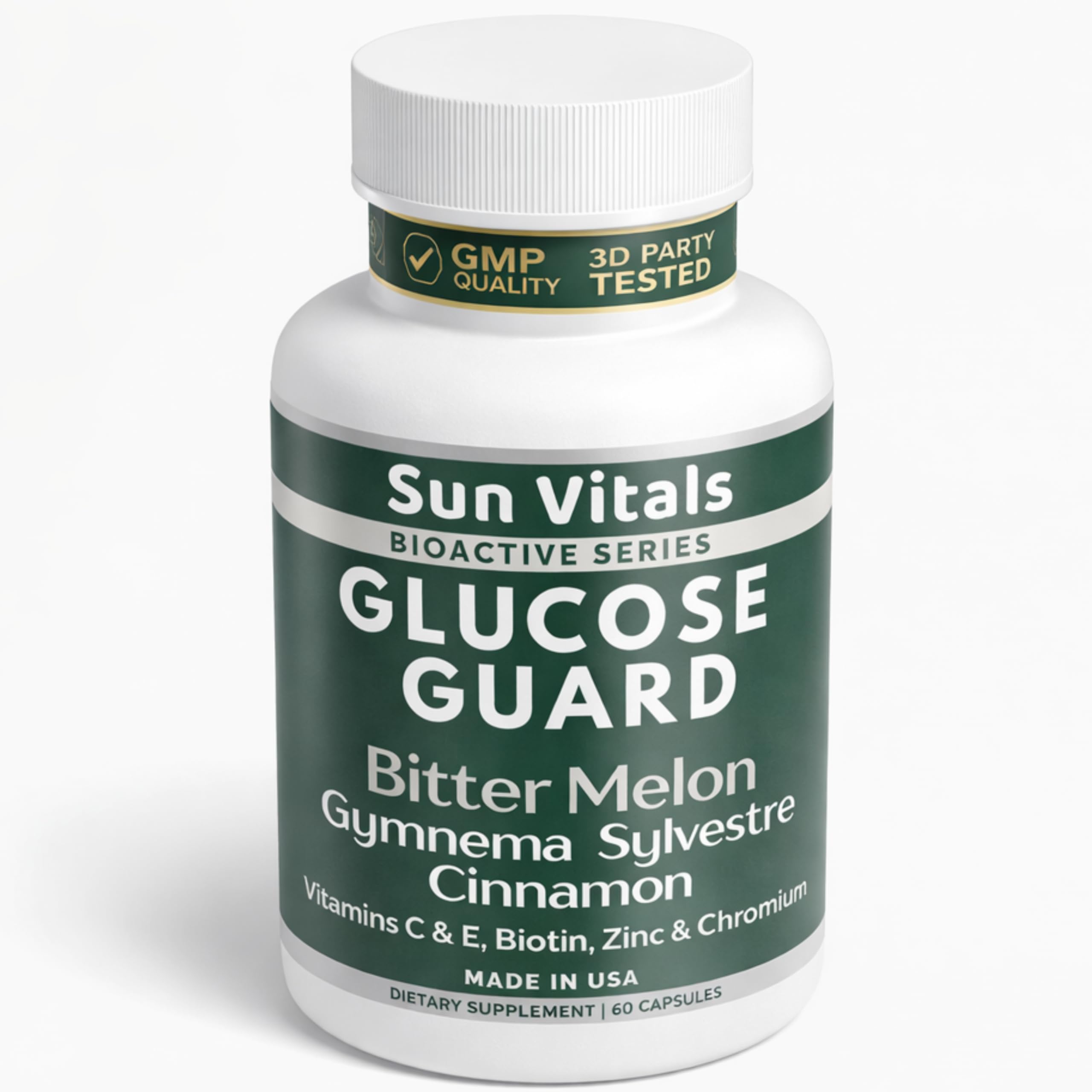 Sun Vitals Glucose Guard bottle front shows a clean, modern design for everyday metabolic support.